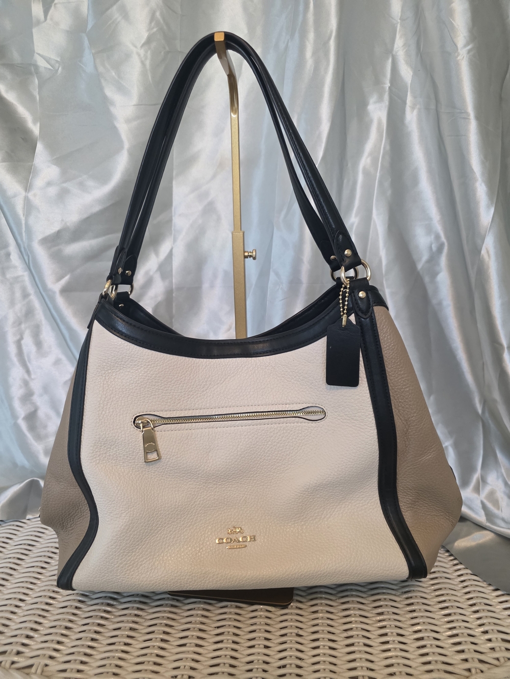 Coach Two-Tone Pebbled Leather Shoulder Bag in Cream & Black